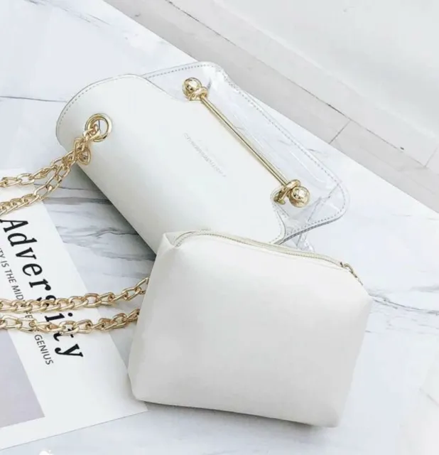 Cute White and Clear Transparent Small Chian Crossbody Bag With Inner Pouch 2
