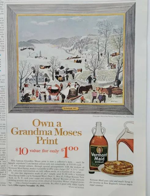 1961  Vermont Maid pancake syrup Grandma Moses framed print vintage ad