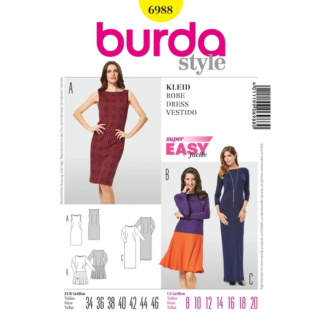 BURDA STYLE SUPER Easy SEWING PATTERN 6988 Misses Dresses Sizes 820 £