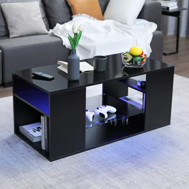 High Gloss Coffee Table Center Cocktail Table with RGB LED Lights & Drawers