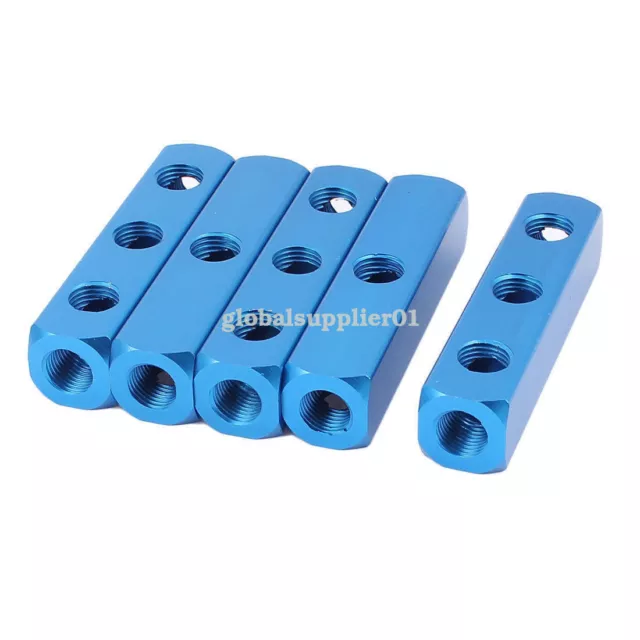 A● 5 Pcs Air Compressor 1/4BSP Thread 3 Way Inline Manifold Block Splitter Blue