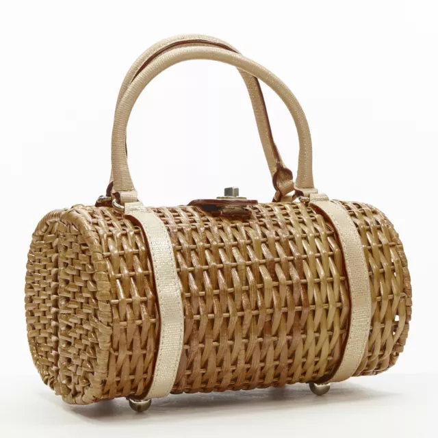 KATE SPADE brown bamboo rattan wicker metallic leather handle log bag