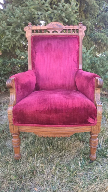 Bergere Armchair Victorian Eastlake Style W/ Velvet Upholstery Solid Walnut Wood