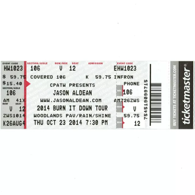 JASON ALDEAN & FLORIDA GEORGIA LINE Concert Ticket Stub 10/23/14 WOODLANDS TX