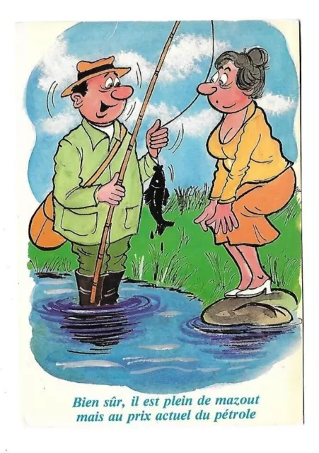 CPSM carte postale semi ancienne illustrateur humour à la pêche prix du pétrole