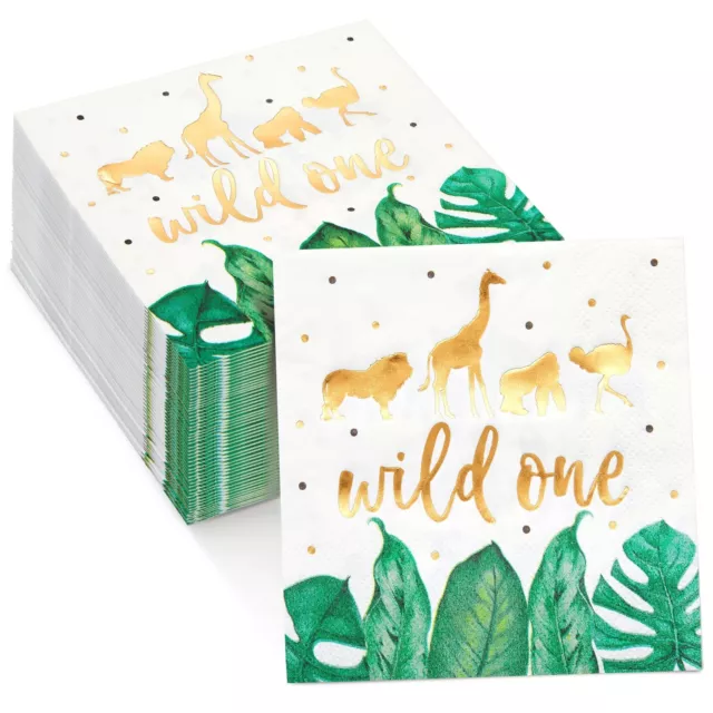 50 Pack Wild One Napkins for Jungle Safari First Birthday Party Supplies, 5x5 In