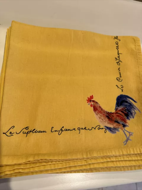 Williams-Sonoma  Set Of 5 Yellow French Printed Rooster Cotton Napkins Vintage