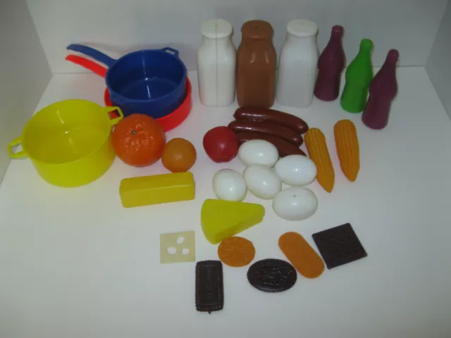 Vintage Plastic Toy Food and Pots and Pans Pretend Play Kitchen 30 pcs