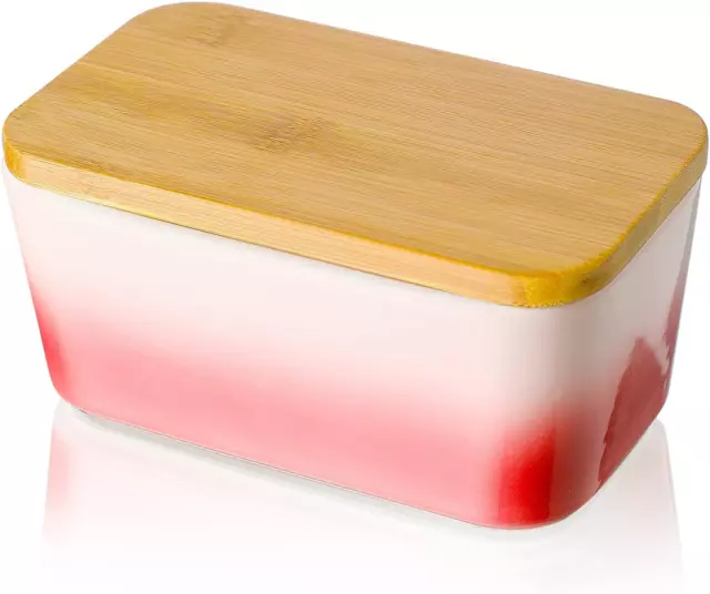 Porcelain Butter Dish with Wooden Lid,  Airtight Butter Keeper for Countertop, L