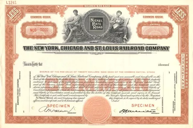 New York, Chicago and St. Louis Railroad Co. - Specimen Stock Certificate - Rail