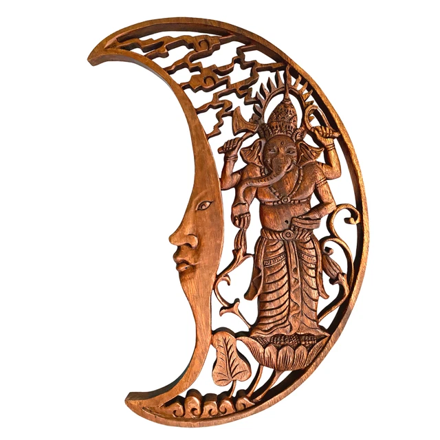 Ganesha Moon Remover of Obstacles Wall Art Panel Hand Carved Wood Balinese art