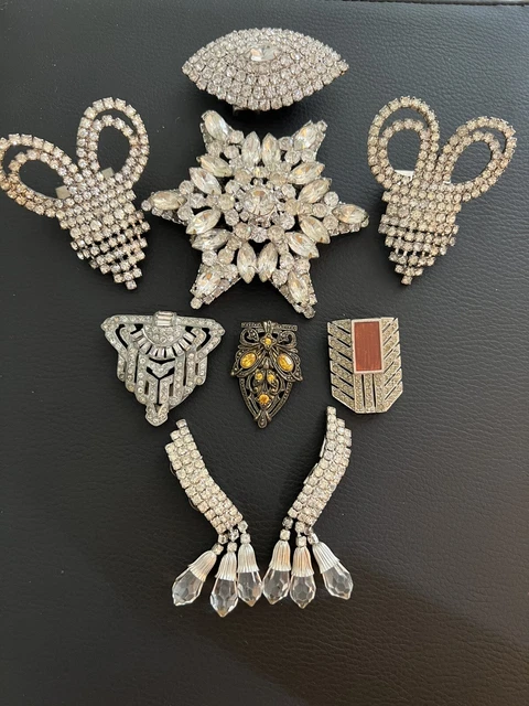 Vintage Art Deco Rhinestones 9 Piece Lot Shoe Clips Buckle Sash Pin Ornament