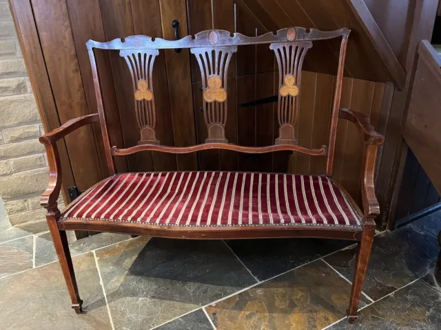 Antique Edwardian Inlaid Mahogany Two-Seater Parlour Sofa ORIGINAL FABRIC/STUDS
