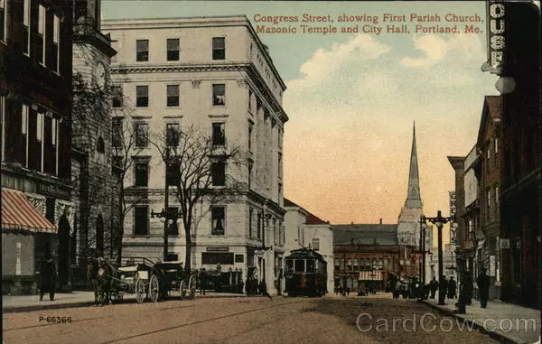 Portland,ME Congress Street,Showing First Parish Church,Masonic Temple and City