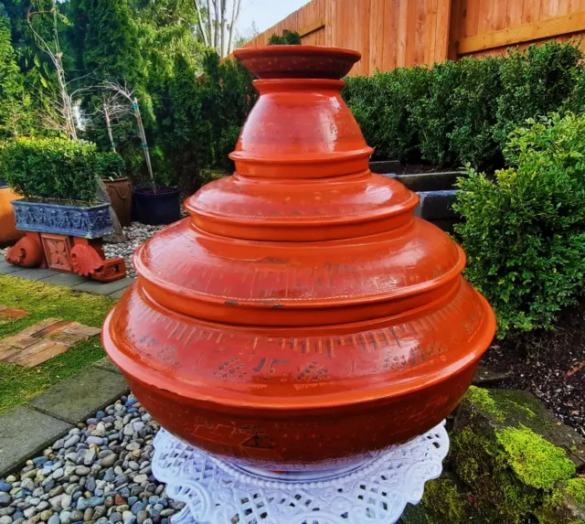 RED LACQUER vtg burmese thai cinnabar temple buddha offering burma bowl painting