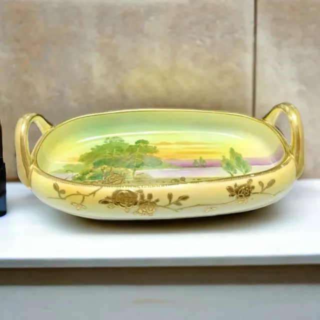 Vanity Dresser Dish Tray Nippon Hand Painted Country Lake Scene Japan Vintage