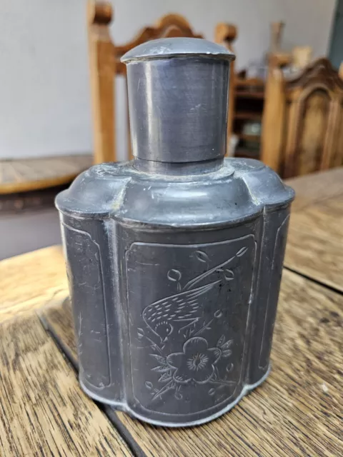 Antique Chinese Pewter Tea Caddy Bird Flower Signed