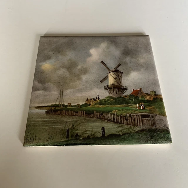 Vintage Ceramic Folk Art Tile Windmill Seaside  Countryside RAKO Czechoslovakia