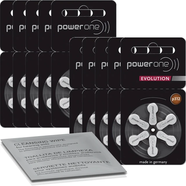 60 batterie per apparecchi acustici Power One Evolution P312 con panno per...