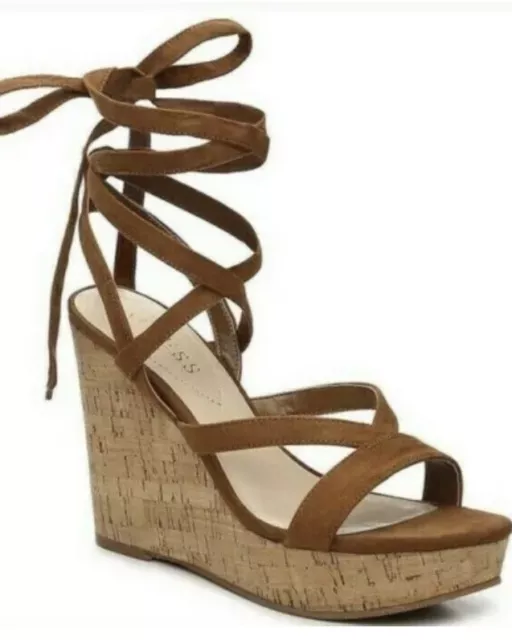 GUESS Sandal Womens Size 11 Brown Cork Wedge Heel Strappy Ankle ￼Suede Treacy