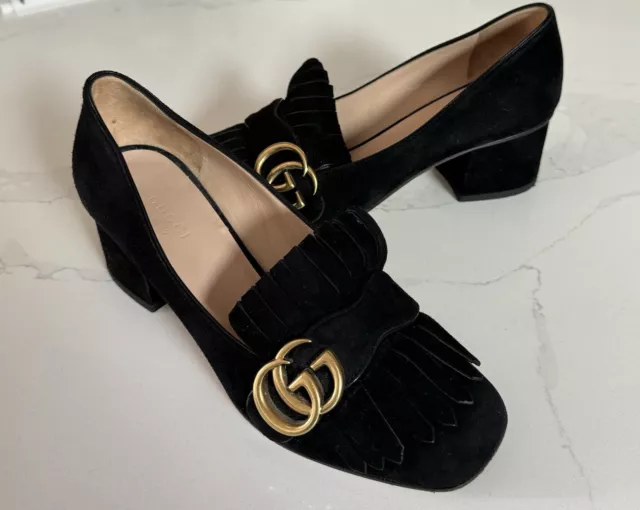 Gucci EU 36 6 Heels Shoes Marmont GG Logo Black Suede Fringe Mid Pumps