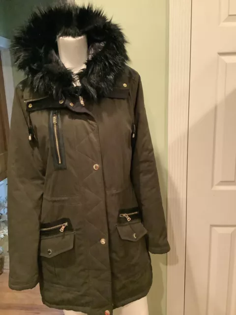 GUESS Womens Faux-Fur-Trim Hooded Parka Coat Green L/G