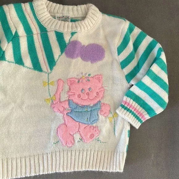 Vintage 80s Girls Knit Sweater Baby Size 18 Months Cat Kitten Kite Stripes 3