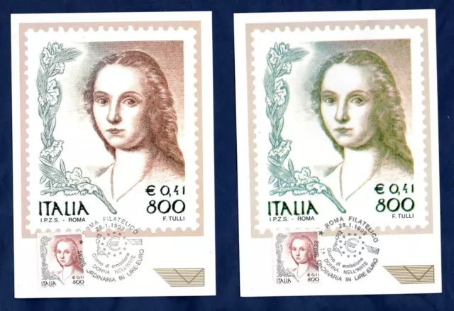 Italia 1999 2 Cartoline Maximum Donna Nell'arte Lire 800-€ 0,41 Varieta' Colore