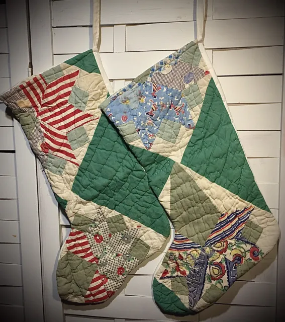 Vtg Pair Of Handmade One-of-a-kind Quilted Christmas Stockings