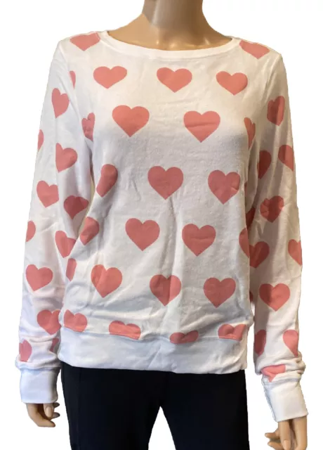 WILDFOX Clean White & Pink Heart Crewneck Sweatshirt Sz S NWT