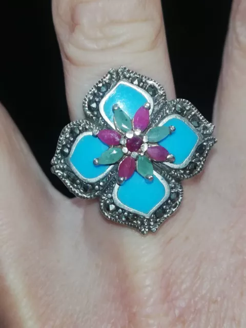 Bague ancienne marcassites, turquoise, rubis, émeraude, silver Ring 925 Créateur