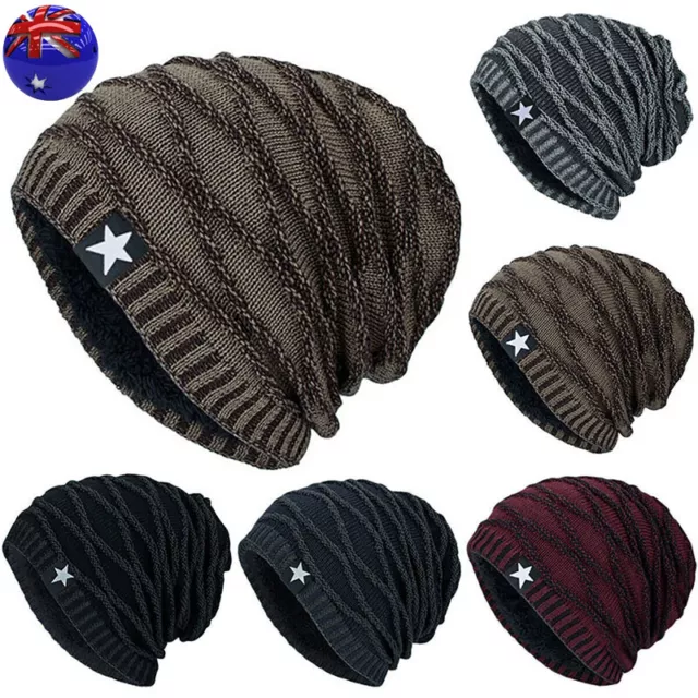 Men' Knitted Thermal Slouch Beanie Hat Winter Fleece Lined Warm Skull Ski Cap AU