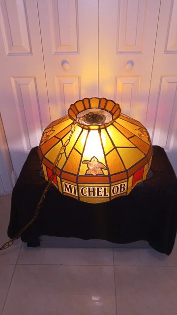 Vintage Michelob Beer Hanging Light Faux Stained Glass Swag Lamp