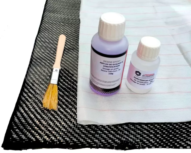 Kit de résine ÉPOXY anti UV  +  CARBONE. + TISSU DE DELAMINAGE + PINCEAU 2