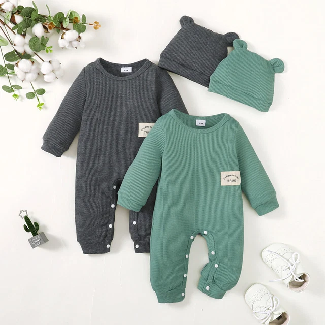 Newborn Baby Boy Girl Kids Plain Romper Jumpsuit Bodysuit Hat Clothes Outfit