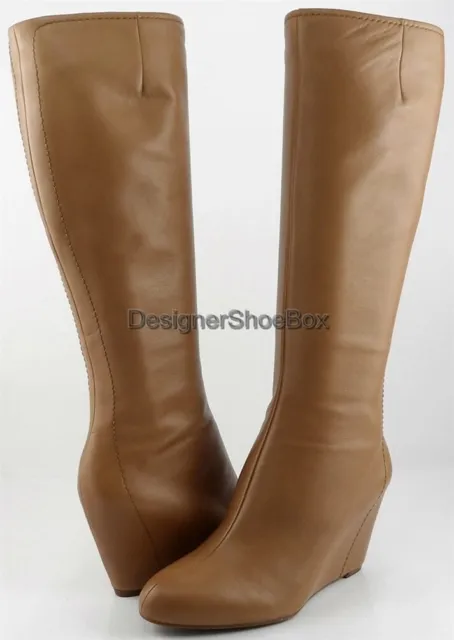 $375 VIA SPIGA ALICIA Camel Leather Designer Knee High Wedge Boots Heels 8.5 M