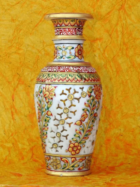 9" Marble Stone Flower Vase Grill Hand Carved Pot Handicraft Meenakari Painted