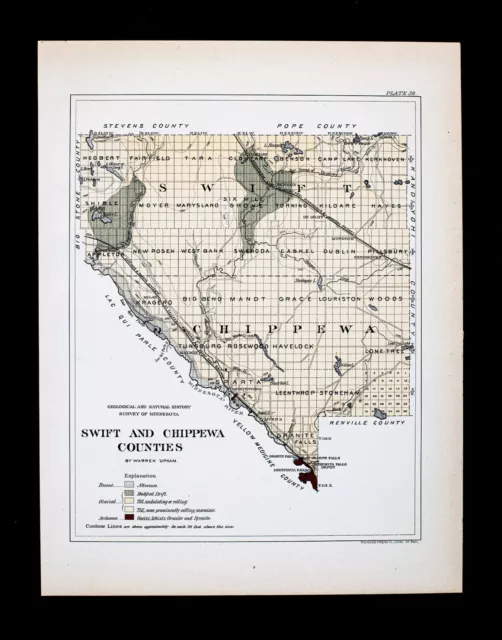 1901 Minnesota Geological Map Swift Chippewa County Montevideo Benson Geology MN