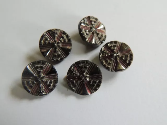 5 petits boutons anciens en verre noir argenté et rose. collection mercerie