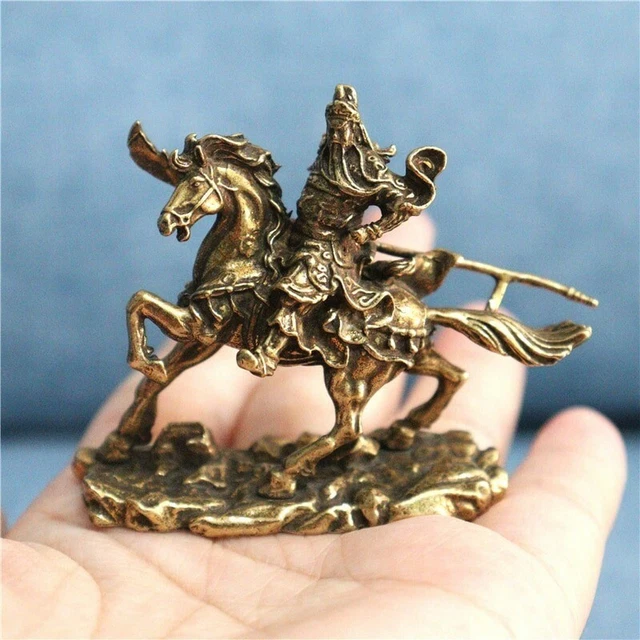 Brass Chinese God of Wealth Riding Horse Guan Gong Statue Home Office Decoration