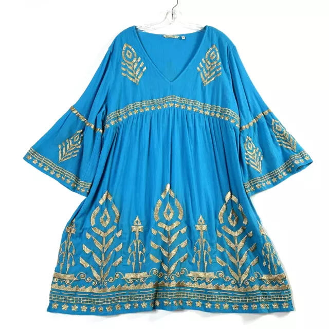 Soft Surroundings Zaneta Dress Embroidery Baby Doll Turquoise Gold Womens 2X