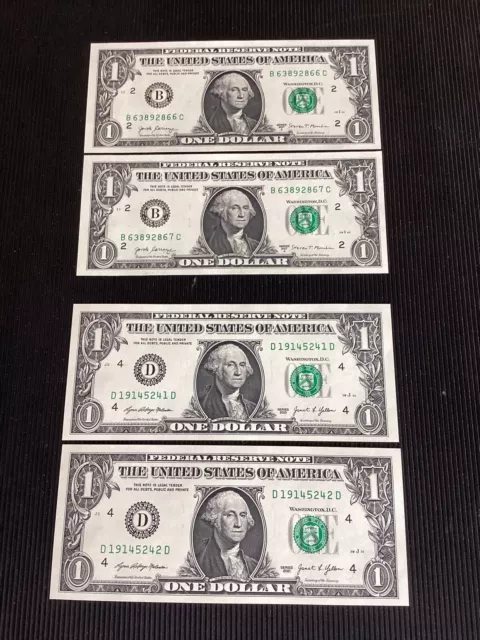 🇺🇸$$$-2x2 BILLETS-ONE DOLLAR-US- LETTRE -B-et-D-NEUF.$$$🇺🇸´