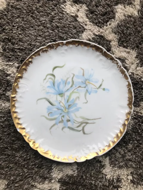 Antique J.P.L. Limoges Fr. 11-1/2" Hand Painted Charger Blue Flowers Gold Edge 3