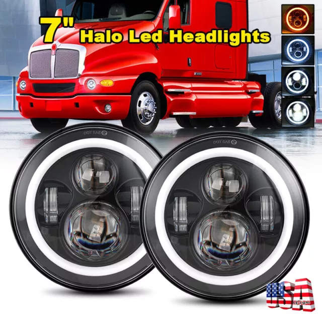 For Kenworth 1997-2011 T2000 Pair 7inch Round Led Halo Headlights Projector Beam