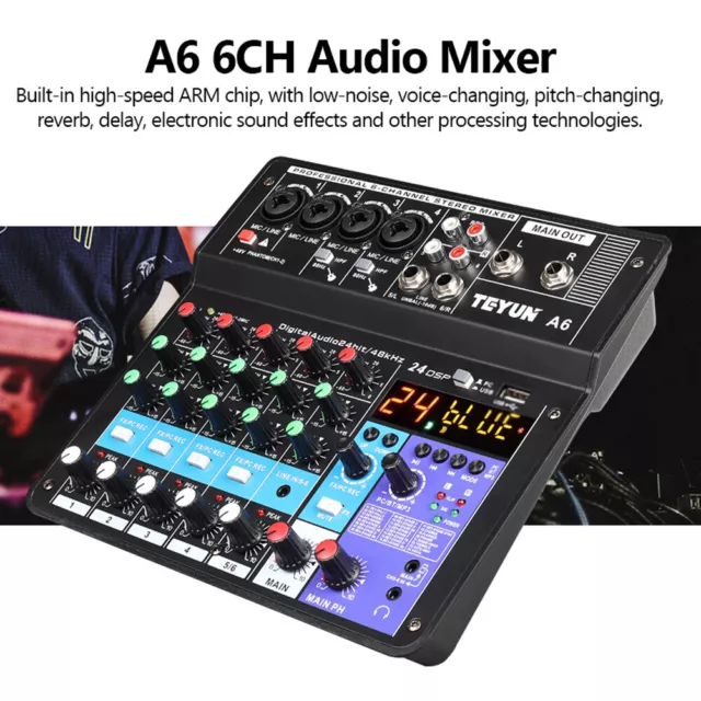 A6 6CH Protable  Mixer Audio Console avec Carte Son Enregistrement USB U4N5 2