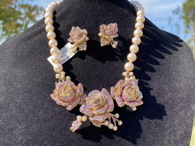 HEIDI DAUS "Sweet Rose " 3-Rose Crystal Drop Simulated Pearl Necklace & Earrings