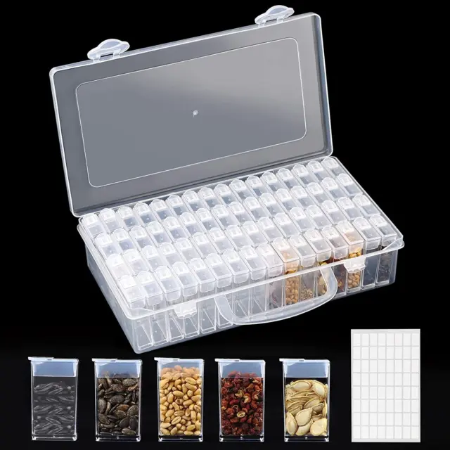 64 Slots Plastic Seed Storage Box, Seeds Storage Organizer with Label Stickers(S