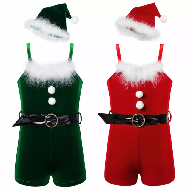 Kids Girls Santas Christmas Costume Shoulder Straps Velvet Leotard Jumpsuit Hats