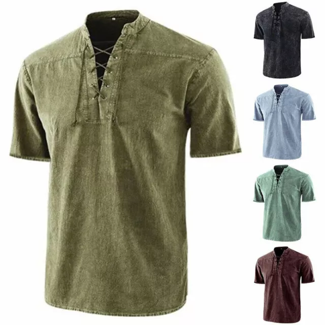 Casual Herren V-Ausschnitt T-Shirt Schnürung Bluse Kurzarm Plain Shirts Tops