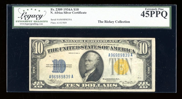 DBR 1934-A $10 North Africa Silver Fr. 2309 Legacy 45 PPQ Serial A96989839A